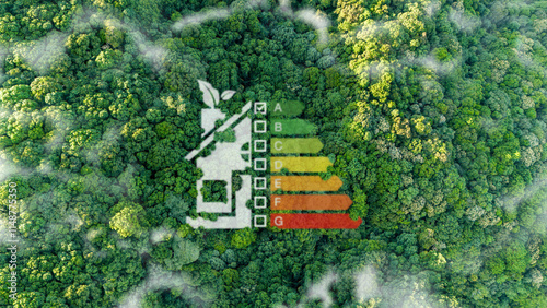 Home Improvement concept, Home Energy Efficiency, Eco-Friendly Home Improvement, Cost Savings and Green Energy Costs. High angle view of green forest with energy efficiency symbol.