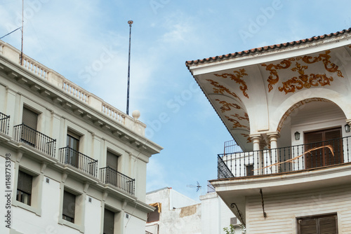 Facades of old buildings in the historic center of the city of Seville.