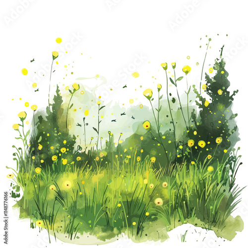 A watercolor illustration of a summer meadow dotted with fireflies, isolated on a white background. Meadow vector.
