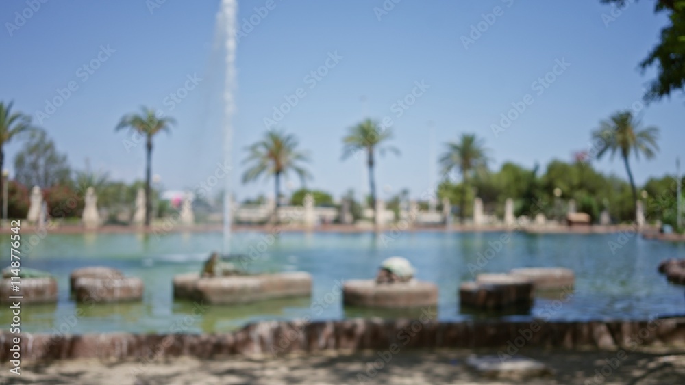 Blurred outdoor scene with defocused fountains and palm trees in a sunny park setting. Blurred outdoor scene with defocused fountains and palm trees in a sunny park setting.