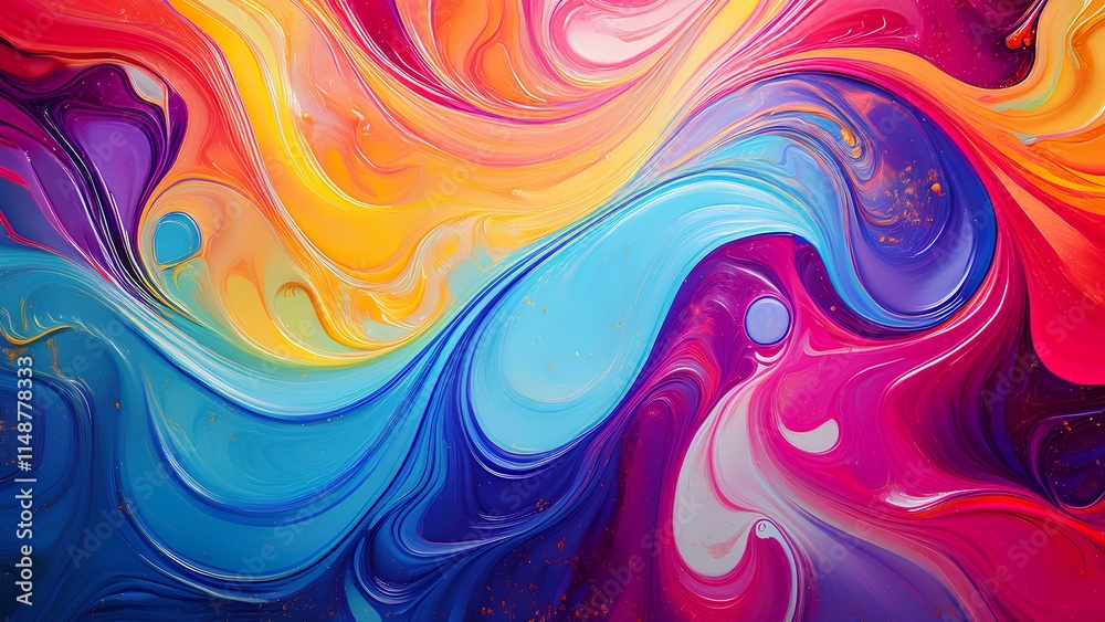Fototapeta premium Background texture: multicolored waves, wavy lines. Psychedelic rainbow liquid background with bright colors.