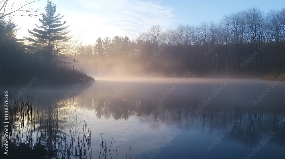 Misty sunrise over calm lake reflecting trees and sky. Misty sunrise over calm lake reflecting trees and sky.