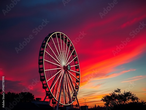 Ferris Wheel at Sunset: Vibrant Twilight Sky over Amusement Park AI Generated photo