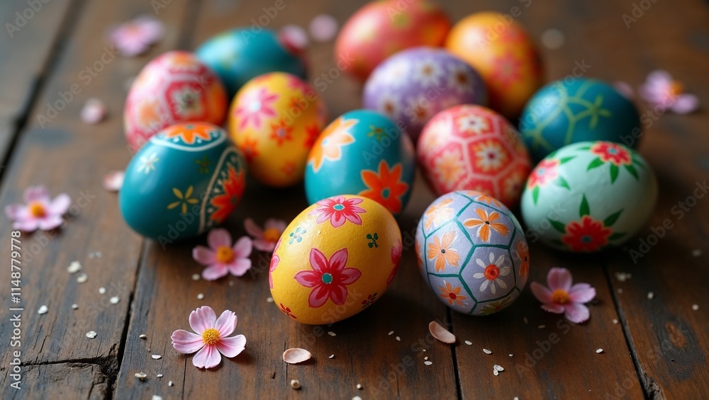 Fototapeta premium Colorful decorated Easter eggs with floral patterns and petals on wooden surface 