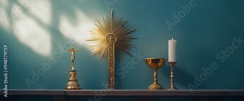 A religious altar scene featuring sacred objects and a candle.