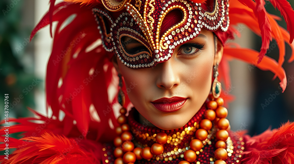 woman wearing a red and gold masquerade mask, red feathers, and orange beaded necklaces woman wearing a red and gold masquerade mask, red feathers, and orange beaded necklaces
