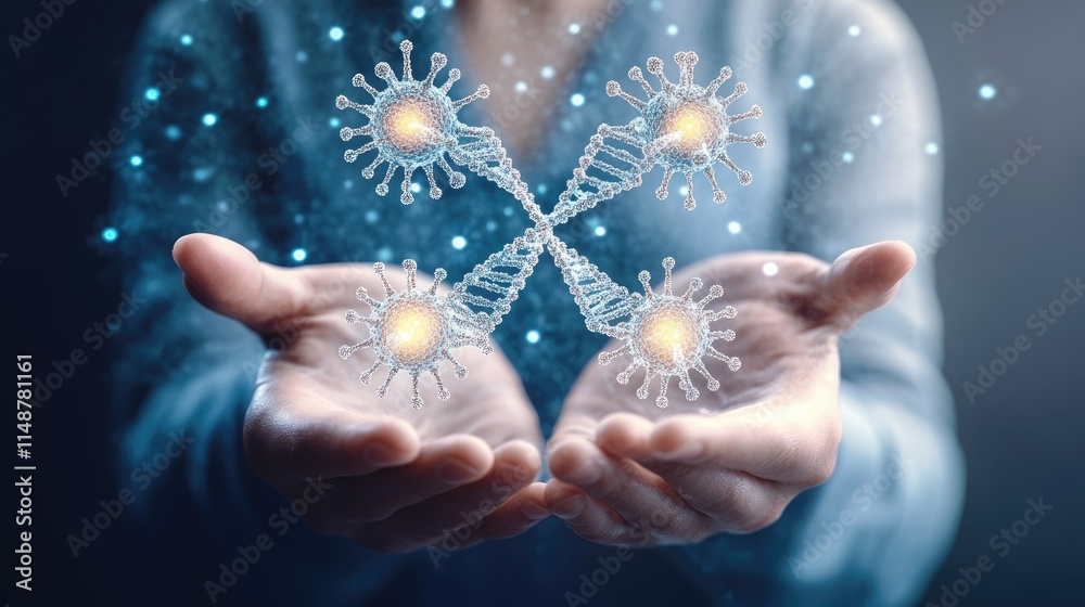 COVID-19 virus research visualized through 3D DNA strand in human hands; digital elements add scientific COVID-19 virus research visualized through 3D DNA strand in human hands; digital elements add scientific