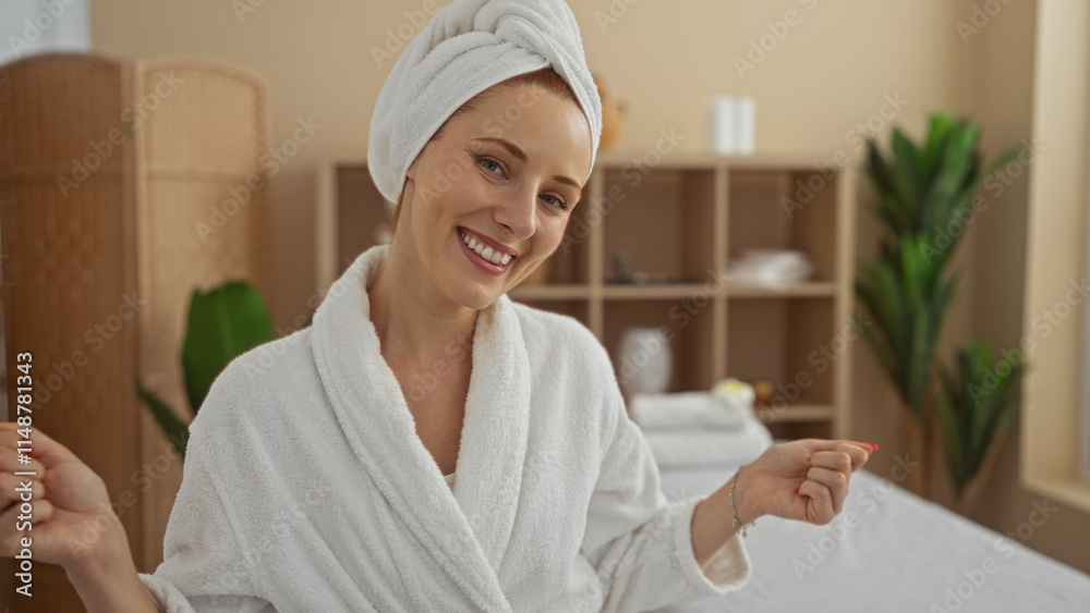 Beautiful young woman enjoying a relaxing time in a spa, wearing a white bathrobe with a towel wrapped around her head, surrounded by serene wellness surroundings.