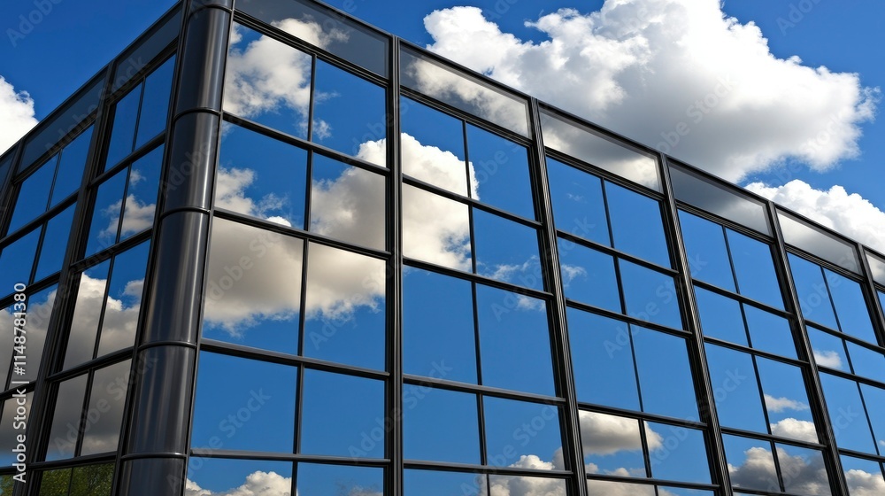Modern Glass Building Reflecting Blue Sky and Clouds Modern Glass Building Reflecting Blue Sky and Clouds