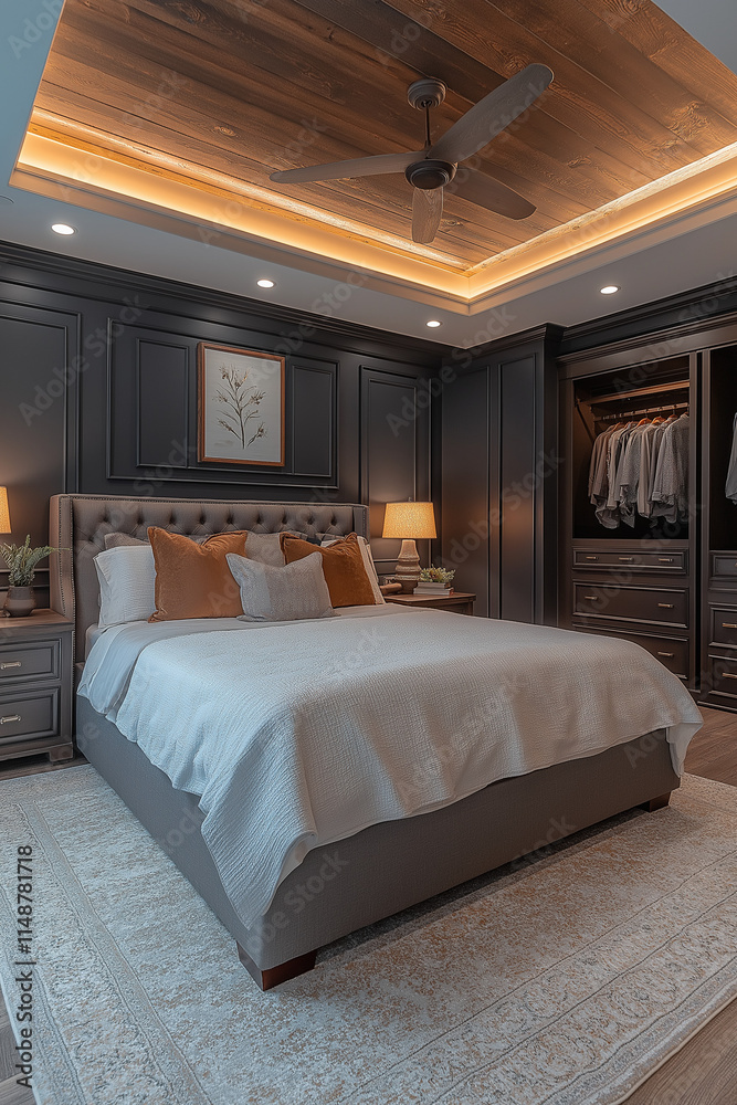 Chambre Parentale Luxueuse avec Lit King-Size, Tables de Chevet Élégantes, Dressing Intégré et Éclairage Doux, Ambiance Haut de Gamme et Relaxante Chambre Parentale Luxueuse avec Lit King-Size, Tables de Chevet Élégantes, Dressing Intégré et Éclairage Doux, Ambiance Haut de Gamme et Relaxante