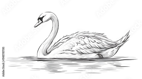 Fototapeta Naklejka Na Ścianę i Meble -  Elegant grayscale sketch of a swan gracefully floating on calm water.