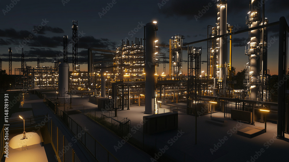 Naklejka premium Oil Production Facility Lit Up at Sunset