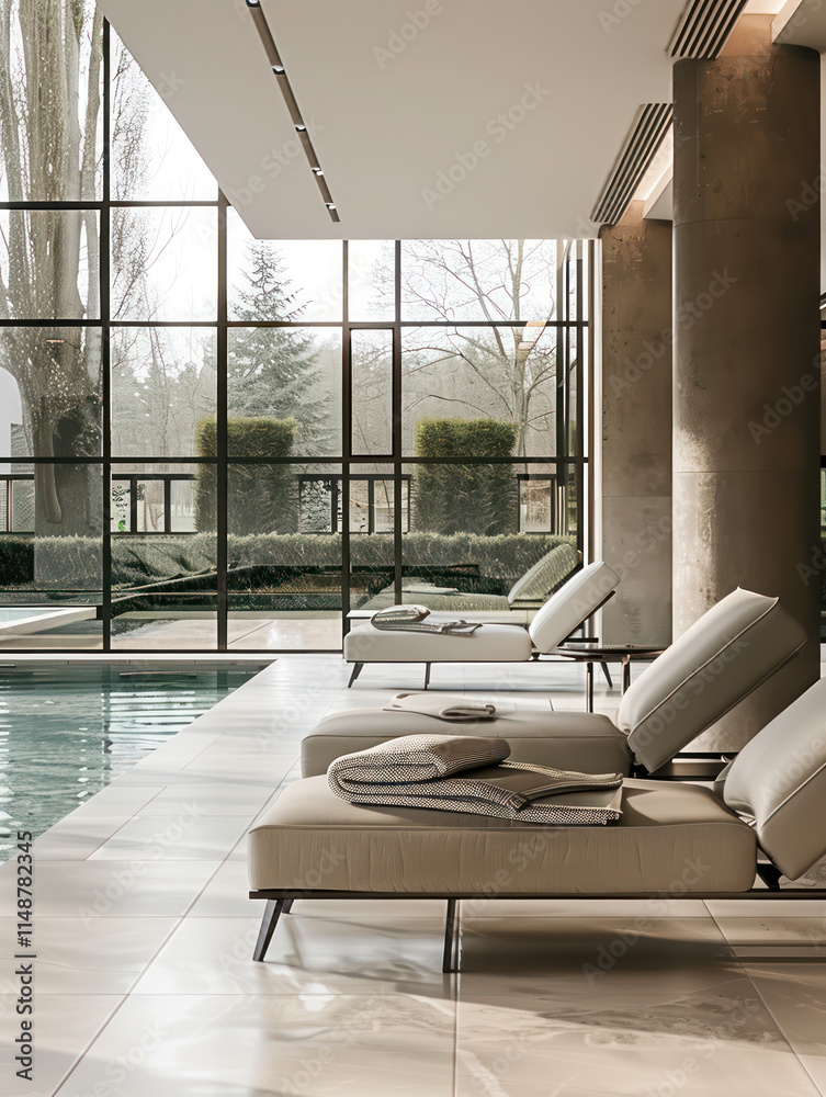 Fototapeta premium serene minimalist interior featuring lounge chairs by large window overlooking tranquil outdoor space. design emphasizes relaxation and modern aesthetics