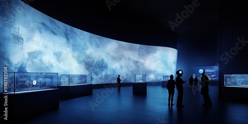 Futuristic museum interactive exhibits. AI guides assist visitors in exploring holographic reconstructions of history. Visitors interact with tech displays offering detailed insights into life