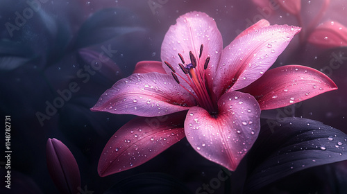 magical purple lily flower blooms, symbolizing mystery, transformation, and spiritual growth. Its rich color and delicate petals evoke a sense of tranquility amidst chaos and change photo