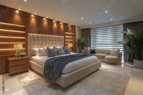 Chambre Parentale Luxueuse avec Lit King-Size, Tables de Chevet Élégantes, Dressing Intégré et Éclairage Doux, Ambiance Haut de Gamme et Relaxante