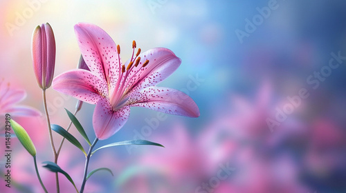 magical purple lily flower blooms, symbolizing mystery, transformation, and spiritual growth. Its rich color and delicate petals evoke a sense of tranquility amidst chaos and change photo