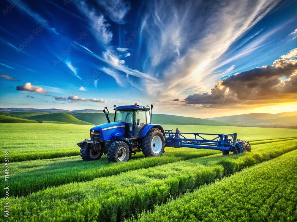 Fototapeta premium Blue Tractor Spraying Pesticide in Lush Green Field - Agricultural Machinery Stock Photo