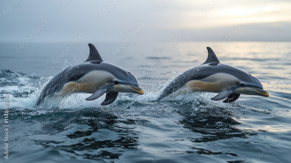 Obraz premium Two dolphins leaping from ocean waves at sunset. (2)