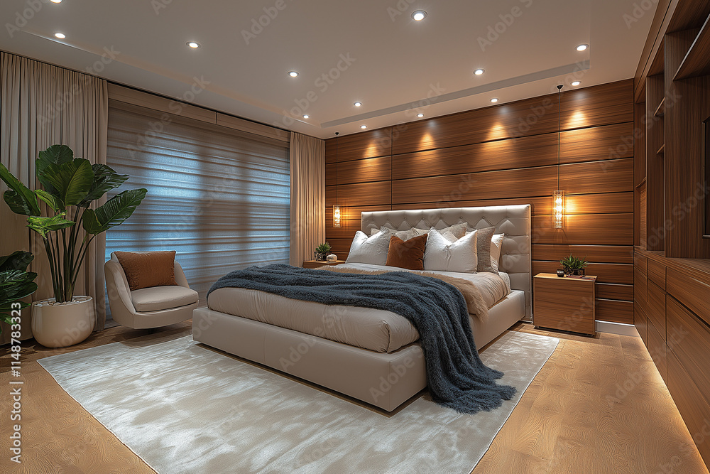 Chambre Parentale Luxueuse avec Lit King-Size, Tables de Chevet Élégantes, Dressing Intégré et Éclairage Doux, Ambiance Haut de Gamme et Relaxante Chambre Parentale Luxueuse avec Lit King-Size, Tables de Chevet Élégantes, Dressing Intégré et Éclairage Doux, Ambiance Haut de Gamme et Relaxante