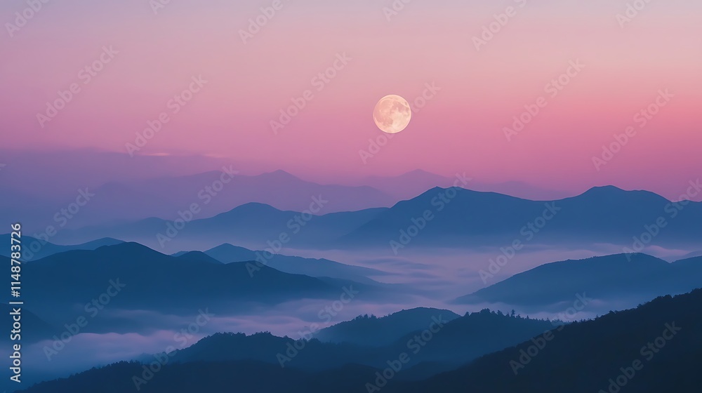 Serene full moonrise over misty mountains at dawn. Serene full moonrise over misty mountains at dawn.