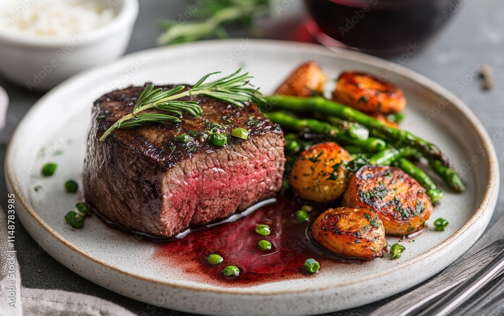 An elegant plated filet mignon with a red wine reduction. An elegant plated filet mignon with a red wine reduction.