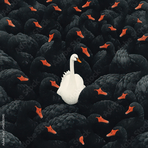 striking illustration of white swan surrounded by black swans, showcasing contrast and individuality. scene evokes feelings of uniqueness and beauty in dark setting photo