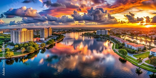 Boca Raton Sunset Panorama: Aerial Lake & City Skyline Reflections