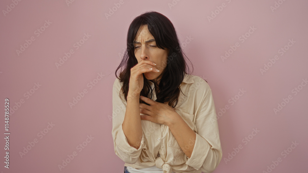 Fototapeta premium Young hispanic woman sick over isolated pink background coughing covering mouth