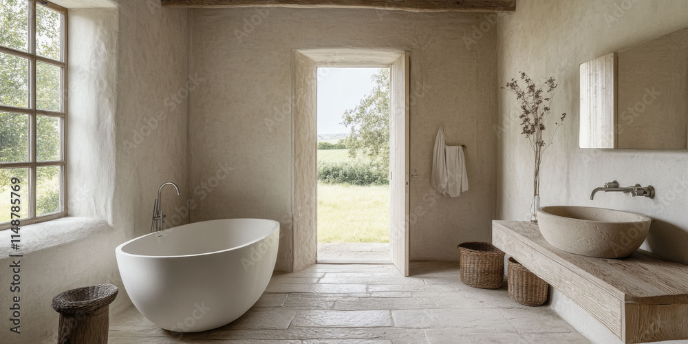 Elegant bathroom design in a serene country home with natural light and minimalist aesthetic Elegant bathroom design in a serene country home with natural light and minimalist aesthetic