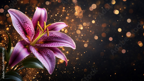 magical purple lily flower blooms, symbolizing mystery, transformation, and spiritual growth. Its rich color and delicate petals evoke a sense of tranquility amidst chaos and change photo