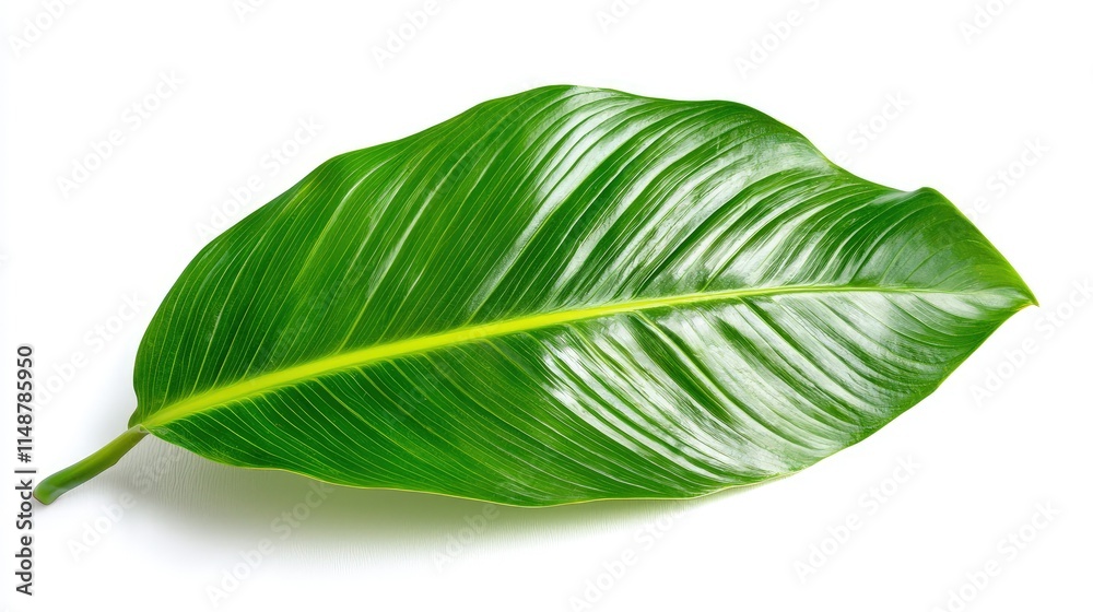 Obraz premium Single vibrant green leaf isolated on white background.