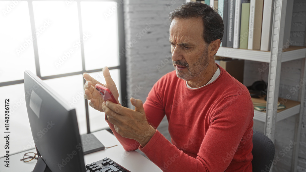 Fototapeta premium Man in office using smartphone looks puzzled seated at desk in modern workplace interior wearing red sweater near computer.