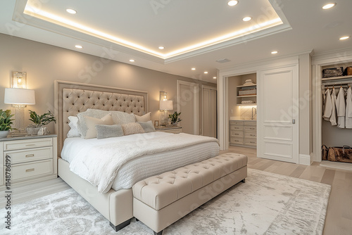Chambre Parentale Luxueuse avec Lit King-Size, Tables de Chevet Élégantes, Dressing Intégré et Éclairage Doux, Ambiance Haut de Gamme et Relaxante