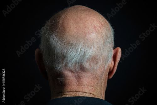 Senior man showing bald head and gray hair on black background