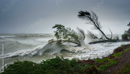 A scene of a hurricane with huge winds and rain, uprooting trees and blowing roofs off houses.