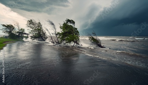 A scene of a hurricane with huge winds and rain, uprooting trees and blowing roofs off houses.