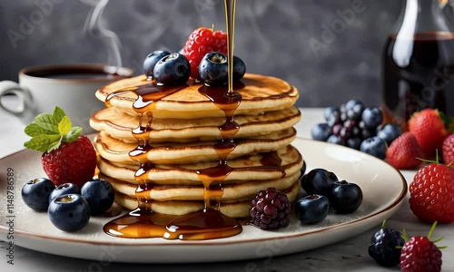 Fluffy Pancakes Topped with Berries and Syrup: A Delicious Breakfast Recipe, Drizzled with Golden Syrup, Served with Fresh Blueberries, Raspberries, and Blackberries, Perfect for a Weekend Brunch.