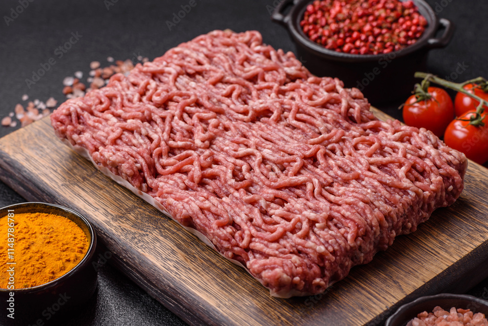 Fresh raw ground minced beef with salt and spices Fresh raw ground minced beef with salt and spices