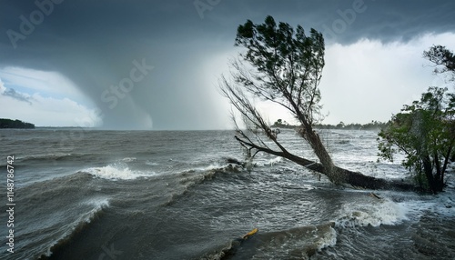 A scene of a hurricane with huge winds and rain, uprooting trees and blowing roofs off houses.
