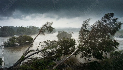 A scene of a hurricane with huge winds and rain, uprooting trees and blowing roofs off houses.