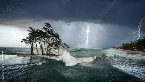 A scene of a hurricane with huge winds and rain, uprooting trees and blowing roofs off houses.