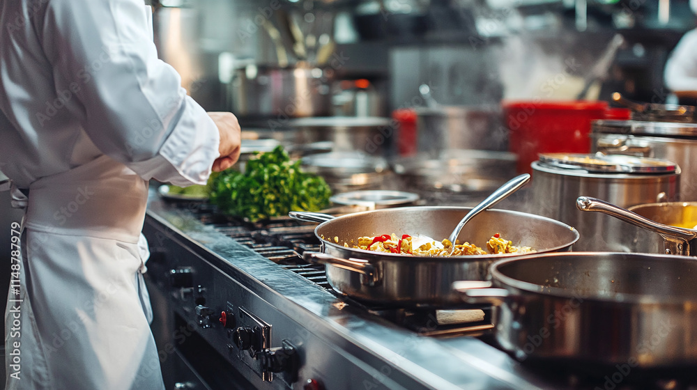Professional Chef Preparing Dishes in Busy Kitchen Professional Chef Preparing Dishes in Busy Kitchen