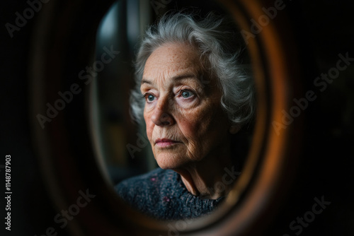 Senior woman reflecting in oval mirror with hopeful expression