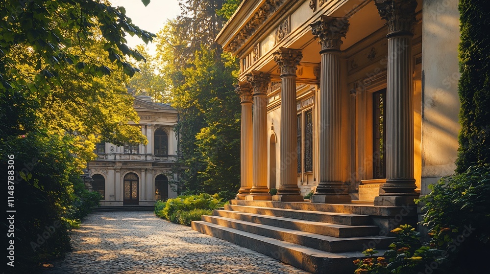 Obraz premium Elegant architecture surrounded by lush greenery in a tranquil setting.