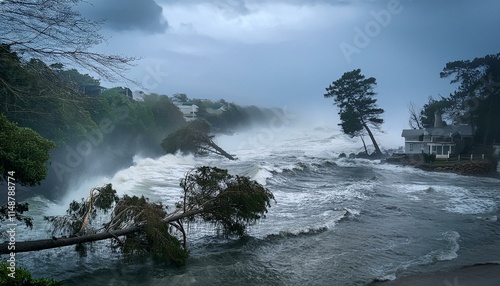 A scene of a hurricane with huge winds and rain, uprooting trees and blowing roofs off houses.