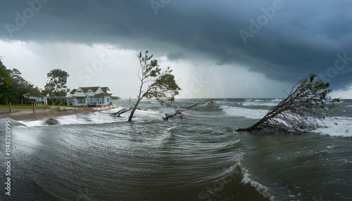 A scene of a hurricane with huge winds and rain, uprooting trees and blowing roofs off houses.