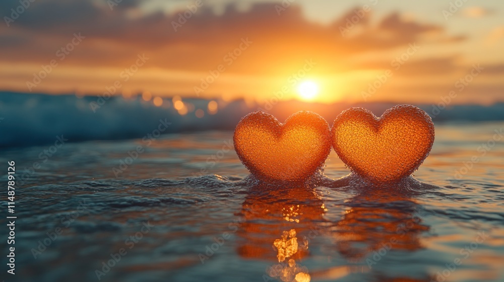 Fototapeta premium Two hearts at sunset beach.