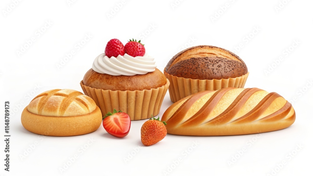 Fresh Bakery Assortment with Cupcake and Breads on White Background Fresh Bakery Assortment with Cupcake and Breads on White Background