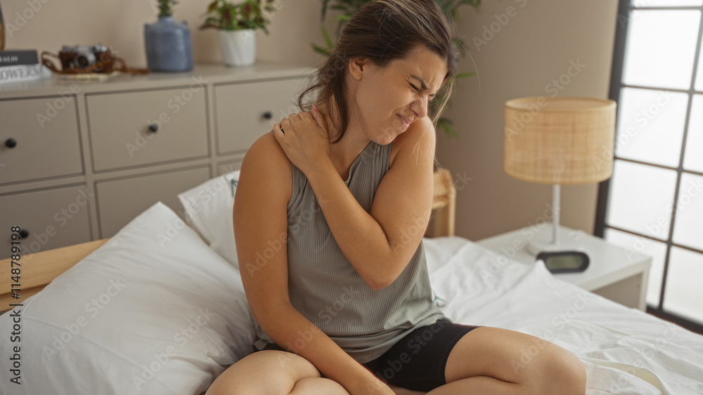 Young woman with brunette hair sitting on a bed in a bedroom holding her shoulder in pain capturing an indoor scene in a home setting Young woman with brunette hair sitting on a bed in a bedroom holding her shoulder in pain capturing an indoor scene in a home setting